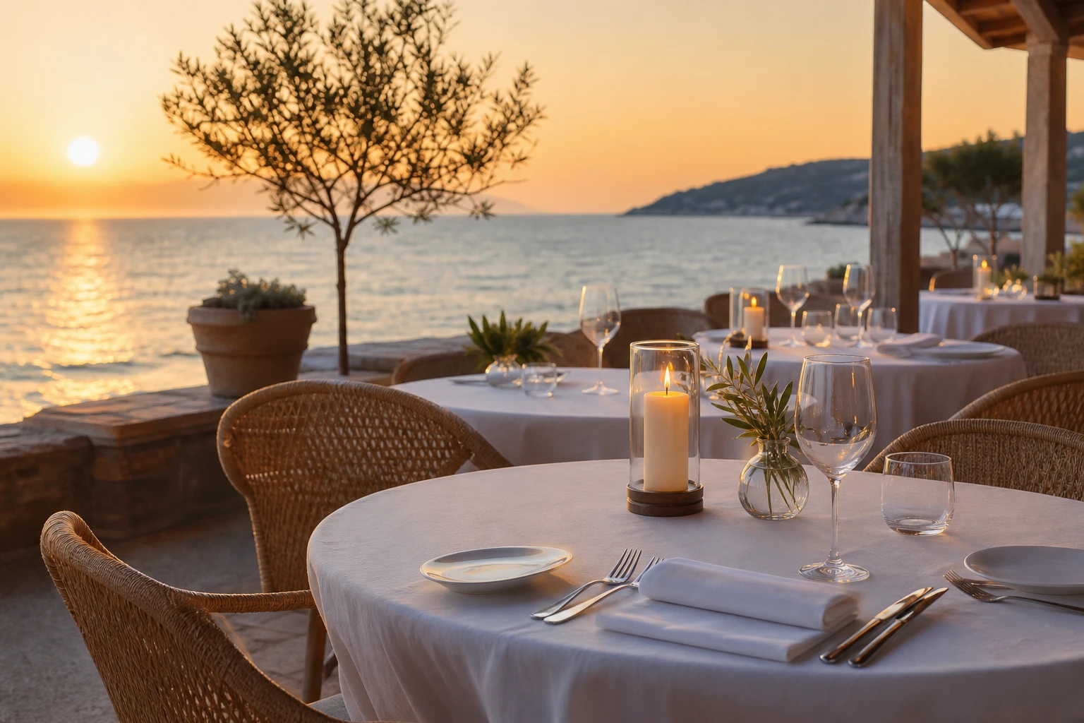 Seafront restaurant terrace laid for dinner at golden hour