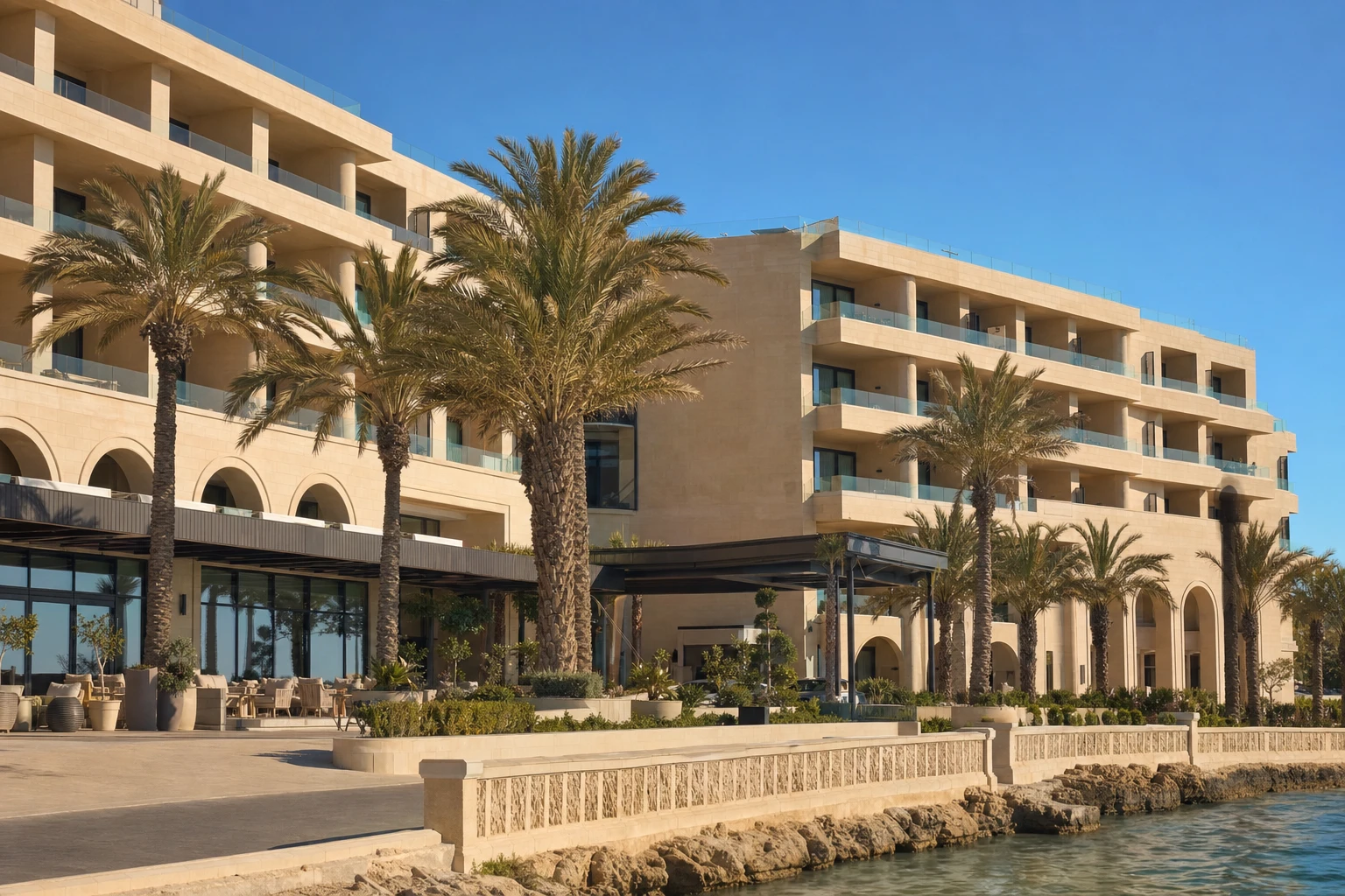 The Friday Resort building seen from the promenade in daylight