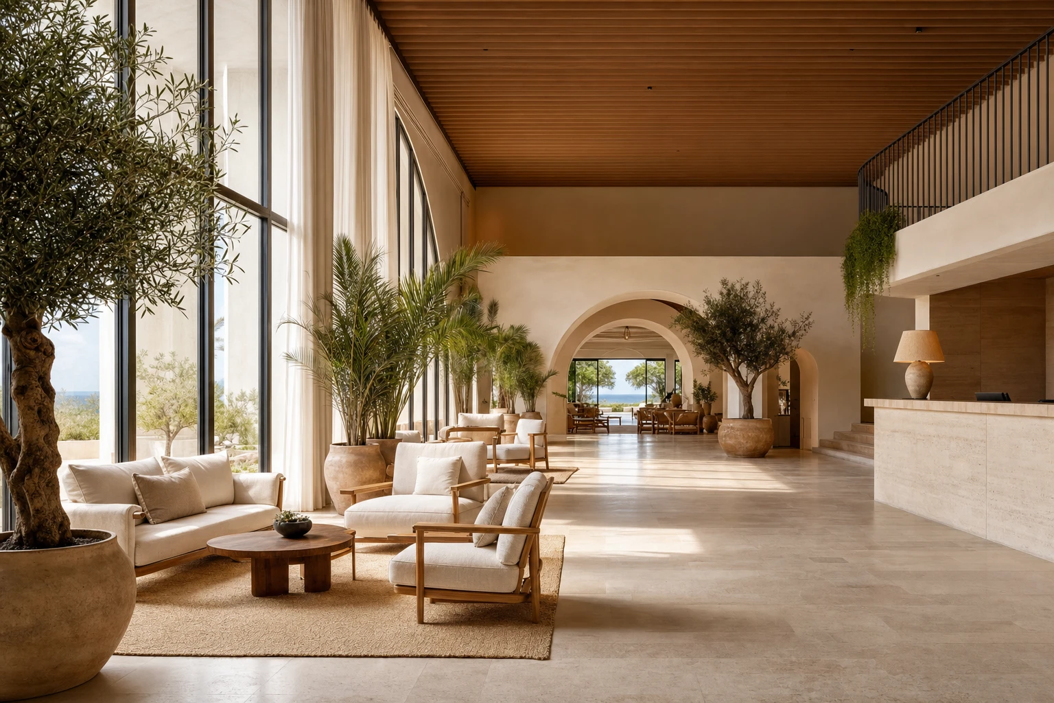 Double-height arrival lobby with travertine floor and greenery