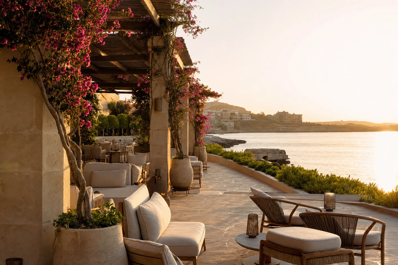 Sea-facing terrace with loungers and pergolas at golden hour