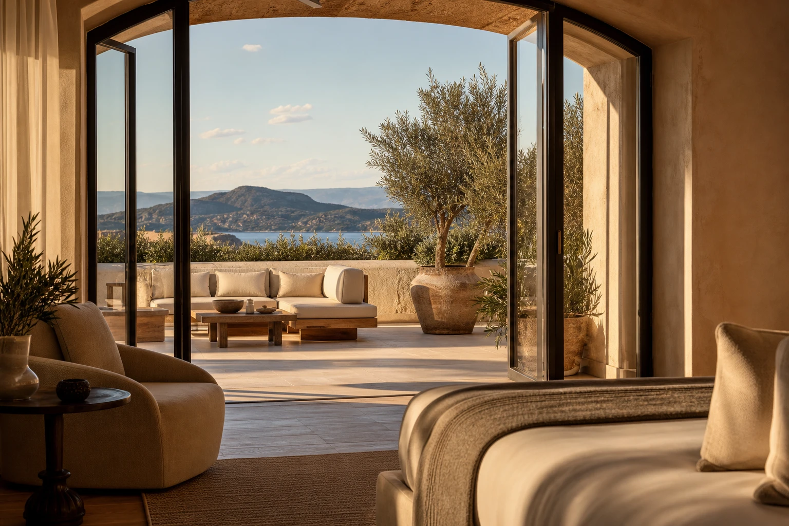 Terrace Suite with private outdoor lounge and olive trees